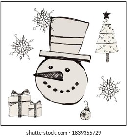 New Year's and Christmas. Winter holidays. Christmas tree with toys. Santa Claus, bear, snowman. Gifts in boxes. Beautiful snowflakes. Set of vector isolated objects.