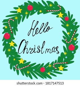 New Years Christmas wreath with balls and stars. Vector illustration