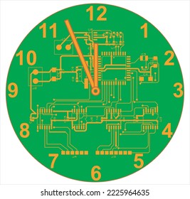 New Year's clock on the printed circuit board. Five minutes to twelve.
Vector clock from a digital circuit.
Electrical schematic diagram and a printed circuit
board of a digital electronic device. 