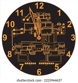 New Year's clock on the printed circuit board. Five minutes to twelve.
Vector clock from a digital circuit.
Electrical schematic diagram and a printed circuit
board of a digital electronic device. 