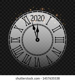 New Year's clock with a Roman dial a few minutes until midnight 2020. Merry Christmas greeting card on a transparent black background with shine and brilliance. vector illustration