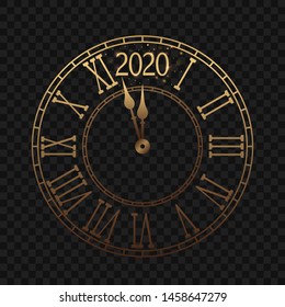 New Year's clock with a Roman dial a few minutes until midnight 2020. Merry Christmas greeting card on a transparent black background with shine and brilliance. vector illustration