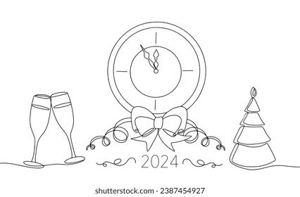 New Year's clock shows midnight. Two glasses of champagne and a candle in the shape of a Christmas tree. Happy New Year and Merry Christmas! New Year illustration for different uses. Vector.