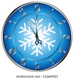 New year's clock with the snowflake, isolated over white