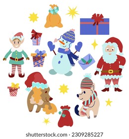 New Year's collection of elements and characters. Christmas set. Postcard for holidays, round compositions