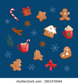 New Year's collection of gingerbread and hot drinks. Festive set of Christmas vector illustrations in cartoon style. Drawings for a cozy design
