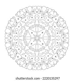 New Year's coloring antistress. Mandala for coloring. Christmas trees with rabbits and decorations.