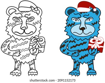 New Year's coloring book for adults and children with a picture of a tiger in a New Year's hat with a gift. Vector illustration. The tiger is similar to the New Year's bear, but it is still the Tiger.