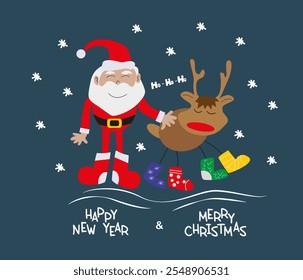 Neujahrskomiker lustiger Gruß mit Weihnachtsmann und Hirsch mit Schneeflocken für Freunde und Kinder, Vektorgrafik