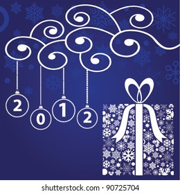 New Year's composition with balls and a gift from snowflakes on a dark blue background