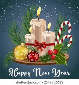 New Year's composition with candles.Vector New Year illustration with candles, Christmas tree balls and fir branches on a colored background with text and snow.