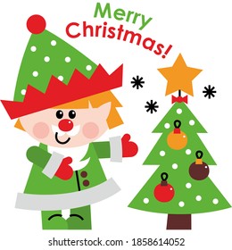 New Year's composition. Elf decorates the Christmas tree