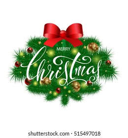 New Year's composition with fir branches, red silk bow with ribbons and glowing balls.
Greeting card