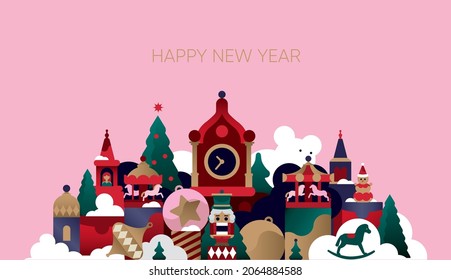 New Year's composition with a Nutcracker, toys, gifts, Christmas trees and carousels.