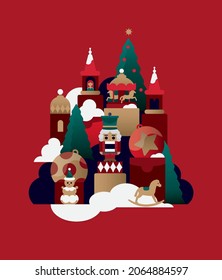 New Year's composition with a Nutcracker, toys, gifts, Christmas trees and carousels.