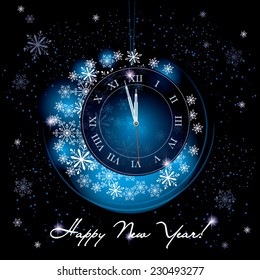 New Year`s congratulatory dark blue background with a stylized globe and a clock consisting of snowflakes.
