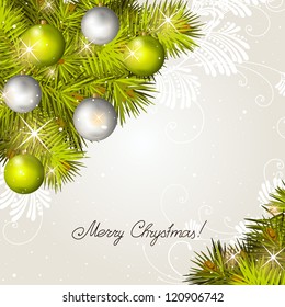 New Year's corner with pine branches and toys. A vector.