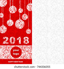 new year's corporate greeting card for the year 2018 (numbers , Christmas balls and place for logo in white frosty patterns on a red background)