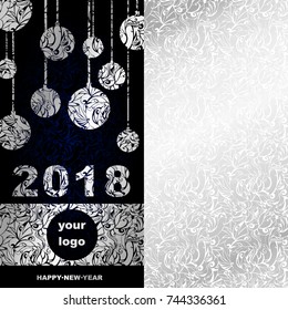 new year's corporate greeting card for the year 2018 (numbers , Christmas balls and place for a logo of a silver frosty patterns on a dark blue background with Indigo)