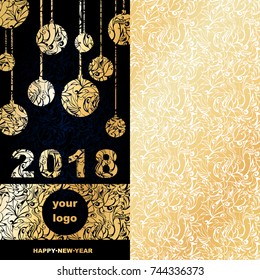 new year's corporate greeting card for the year 2018 (numbers , Christmas balls and place for the logo of the Golden frosty patterns on a dark blue background with Indigo)