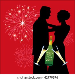 New Year's couple - fireworks and champagne