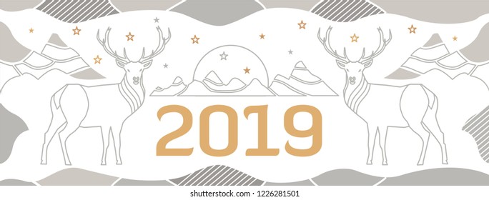 New Year's cover for a site with deer, mountains and number 2019. Sophisticated vector background, drawn by thin lines.