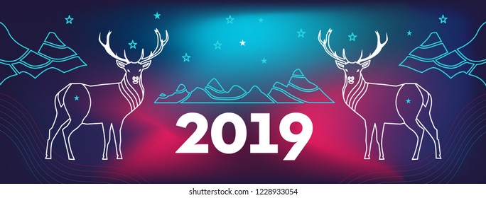 New Year's cover for a site with deer, mountains and number 2019.  Wavy, geometric background, modern gradient, curved shape, in blue and red hues.