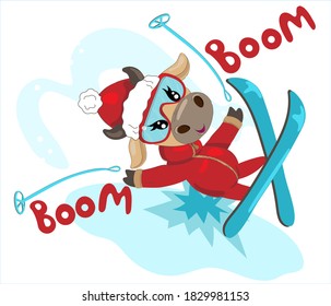 New Year's cow is skiing. 
Humor postcard Merry Christmas. Funny cow in winter overalls. Print for pajamas, t-shirts, sweatshirts, notepad printing