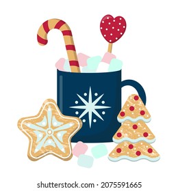 New Year's cozy card with a cup, marshmallows and gingerbread. Hot drink and sweet treat, winter design. Christmas vector illustration.