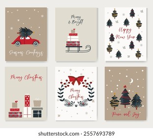 New Year's Crhristmas greeting cards. A set of holiday cards. Christmas illustrations in vector