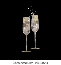 New Year's crystal glasses with champagne on black background.  Polygonal vector illustration.