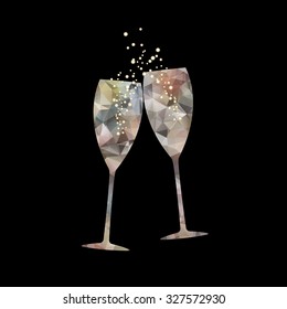 New Year's crystal glasses with splashes of champagne on black background. Polygonal vector illustration.