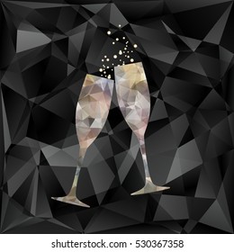 Vasos de cristal del año Nuevo con salpicaduras de champán sobre fondo de Vector de triángulos. Ilustración vectorial poligonal.