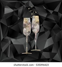 New Year's crystal glasses with splashes of champagne on triangles vector background.