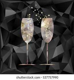 New Year's crystal glasses with splashes of champagne on triangles vector background.