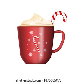 New Year's cup with lollipop isolated on white background. A mug of hot coffee in the cold winter. Merry Christmas and Happy New Year. Vector illustration