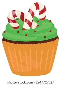 New Year's cupcake with green cream and candy canes. Hand drawn vector illustration. Suitable for website, stickers, postcards.