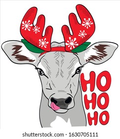 New Year's cute bull in deer horns. "Ho ho ho" lettering. Postcard, poster, composition for t-shirts, print in the style of hand-drawn. 
Symbol of the year isolate on white background. 
Christmas cow