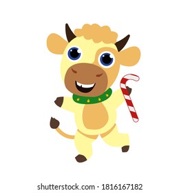 New Year's cute children's bull in a scarf is dancing. symbol of 2021. vector illustration isolated on white background
