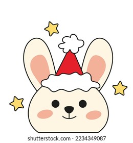 
New Year's cute Christmas Santa rabbit (bunny) in a red hat. Kawaii vector illustration in Japanese style, print for postcard.