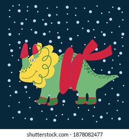 New Year's cute Dinosaur. Cute cartoon illustrations of wild animals in winter clothes. vector dinosaur poster in scarf and socks for kids. The characters in warm clothes in the winter. The dinos are