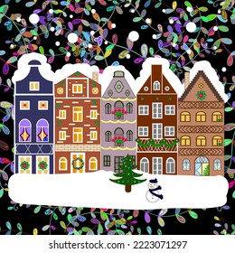 New years cute houses on black background. 