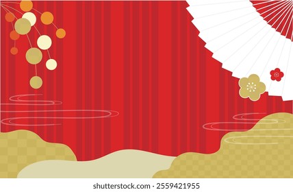 New Year's cute Japanese pattern red and white background illustration material