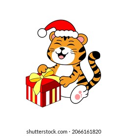 New Year's cute little tiger in a New Year costume and with gifts, bright cheerful tiger with a smile, christmas tiger,  2022 chinese zodiac