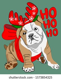 New Year's cute puppy bulldog in deer horns and tied in a gift bow. "Ho ho ho" lettering. Postcard, poster, composition for t-shirts, print in the style of hand-drawn