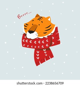 New Year's cute tiger in a scarf. Celebrations card design with cute tiger illustration. Merry christmas and happy new year. Happy holidays.