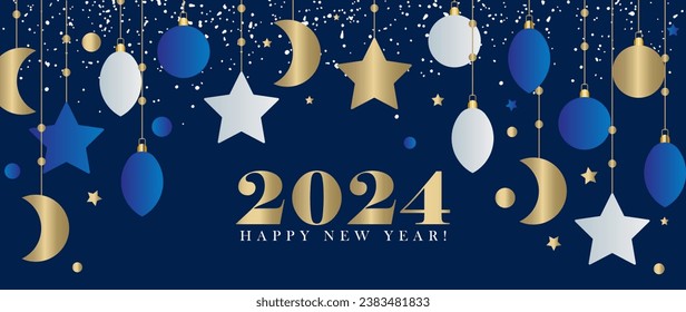 New Year's dark blue festive background with gold, white and blue Christmas tree decorations. Greeting Christmas card 2024.