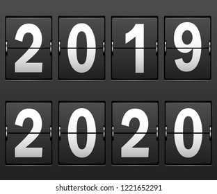 New Year's date 2019, 2020 numbers on mechanical scoreboard. Illustration Vector.