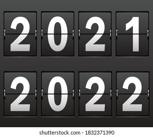 New Year's date 2021, 2022 on mechanical black scoreboard. Illustration Vector.