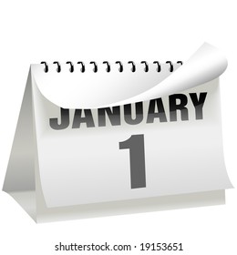 A New Year's Day calendar turns a page to change the year, month, and day to January 1 and begin a new year.